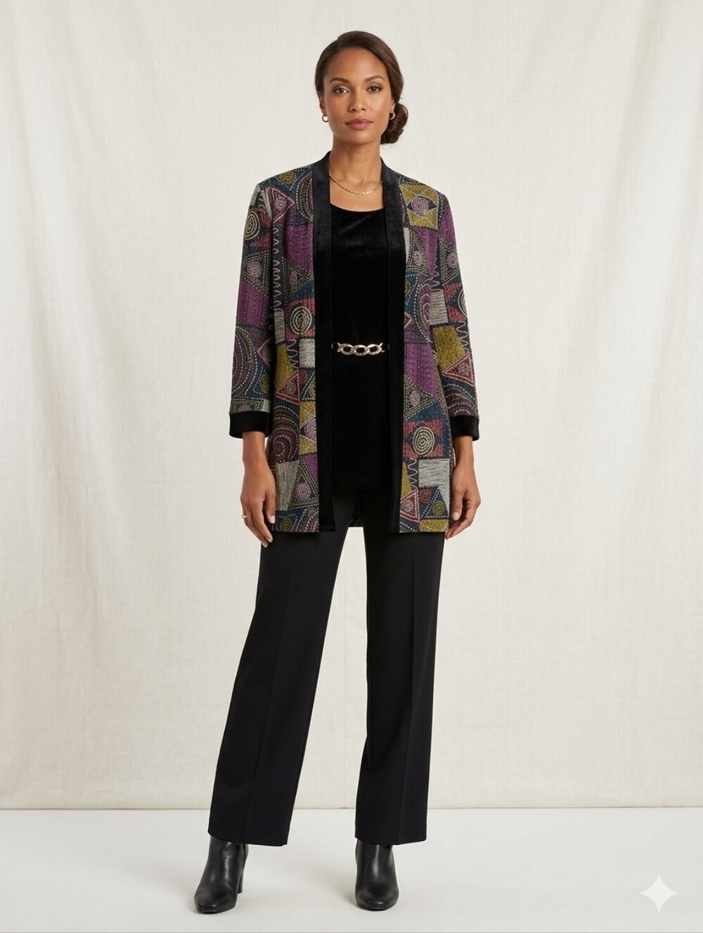 Embellished Multicolor Open-Front Blazer with Velvet Trim